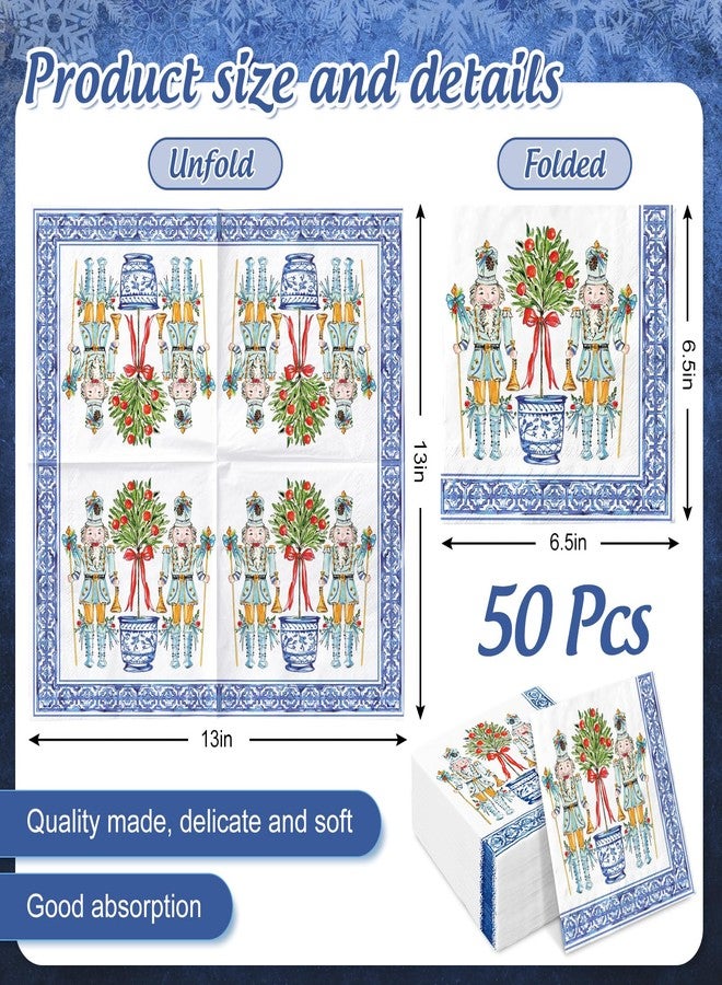 JarThenaAMCS مناديل ورقية من JarThenaAMCS، 100 قطعة، بتصميم كسارة البندق وأشجار الزينة، للاستخدام مرة واحدة، باللونين الأزرق والأبيض، بنقوش صينية، مثالية لحفلات عيد الميلاد الشتوية. - Image 2